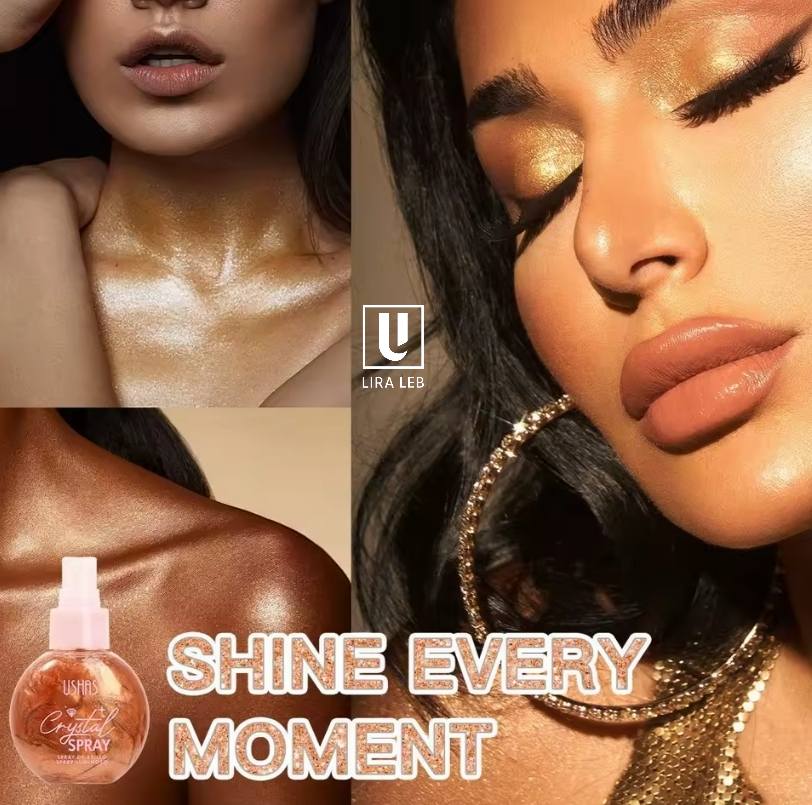 USHAS Crystal Spray a face and body shimmer highlighter spray
